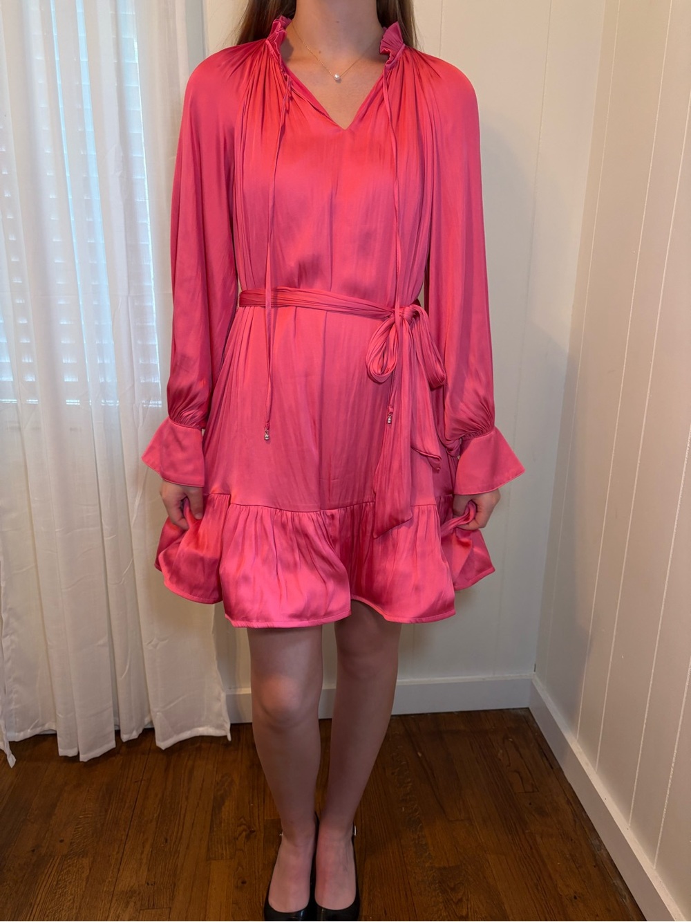 Fate Hot Pink Satin Ruffle-Tier Dress with Tie Waist